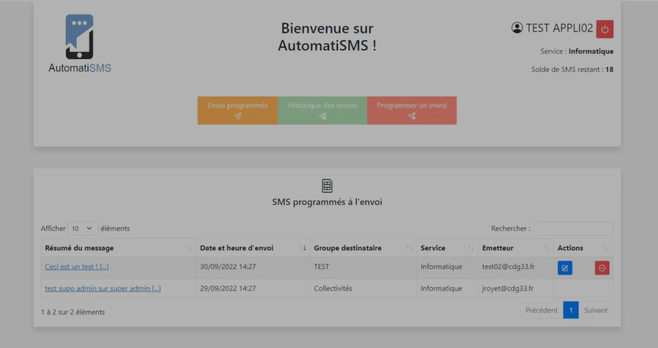 Console de gestion AutomatiSMS